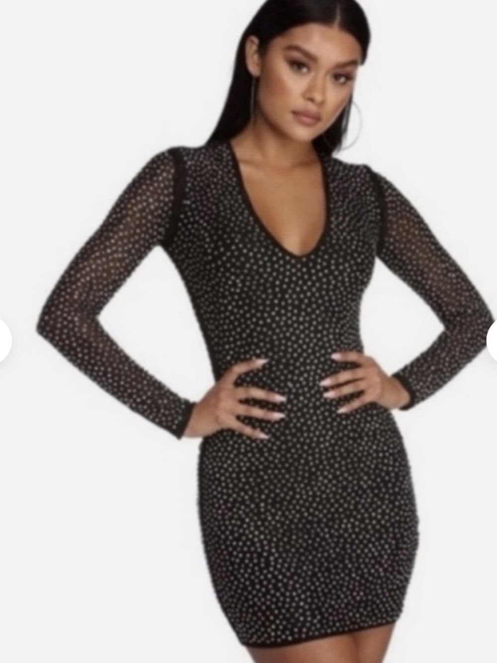 CBR Black Rhinestone Mesh Mini Dress Sheer Long Sleeve Party Clubwear